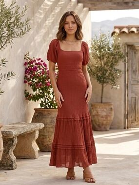 Square Neck Puff Sleeve Tiered Maxi Dress in Rust